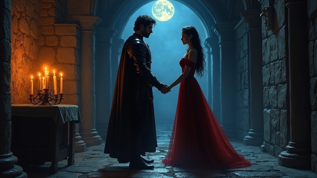 Ilustración romántica de dos siluetas en un pasillo iluminado por velas, representando el tropo clásico de la tensión contenida en la romantasy