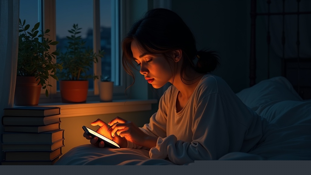 Ilustración pictórica de una joven leyendo en el móvil en su habitación a media luz, representando el hábito de lectura serializada en pantalla