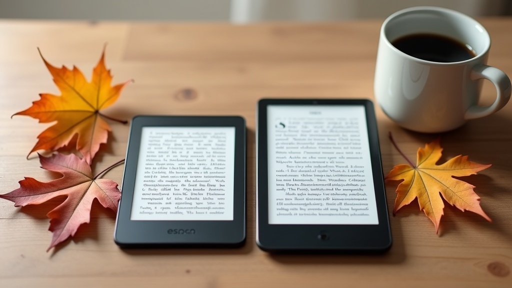 Dos e-readers modernos uno al lado del otro sobre superficie de madera, con tazas de café y hojas de otoño