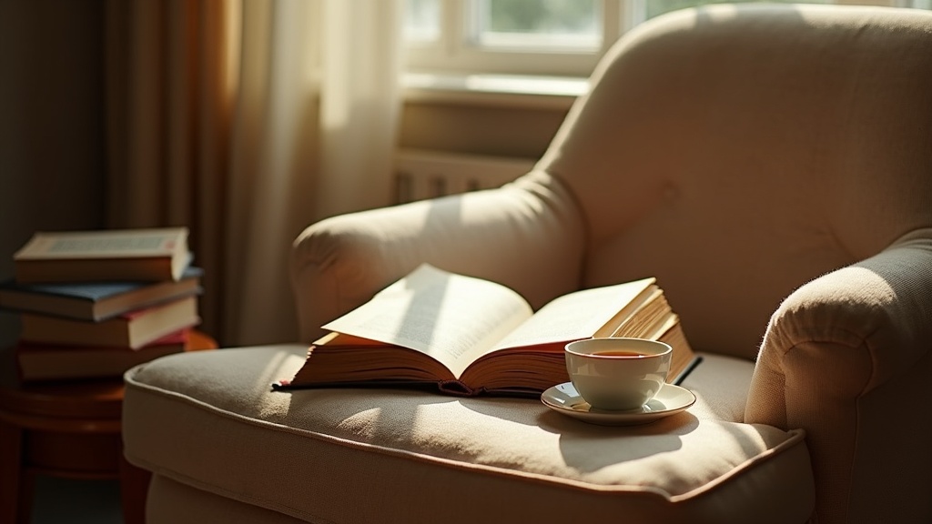 Libro abierto boca abajo sobre un sillón junto a la ventana, con una taza de té y una pila de libros a medias