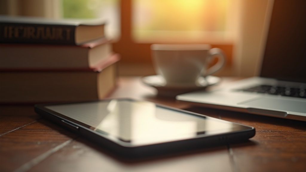 Un e-reader y un portátil sobre una mesa de madera junto a una pila de libros y una taza de café, con luz cálida