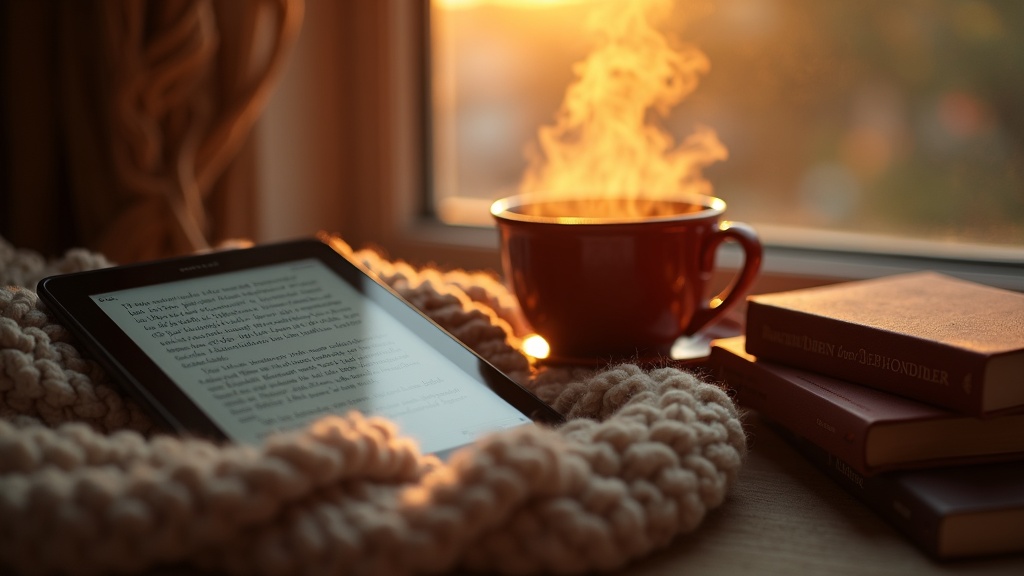 E-reader sobre una manta de lana junto a una taza de té y una pila de libros, con luz cálida de tarde