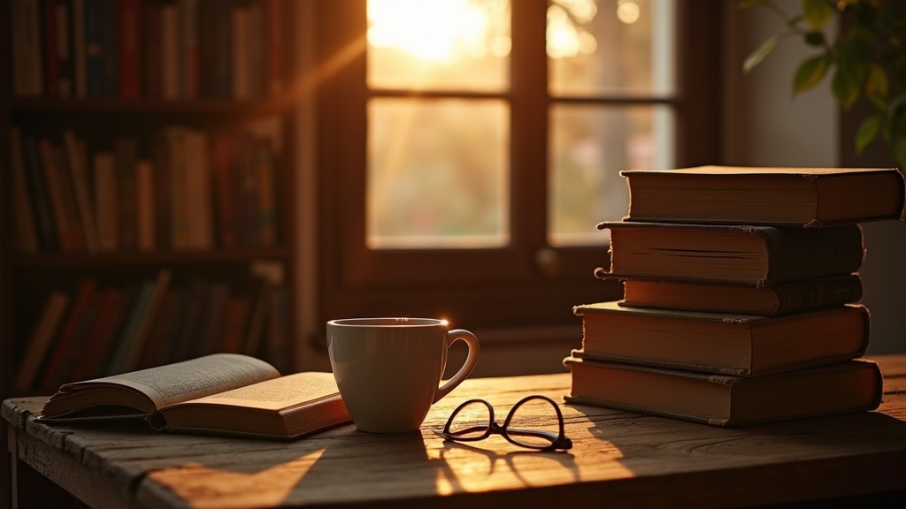 Biblioteca cálida de una casa con novelas apiladas sobre una mesa de madera junto a una taza de café