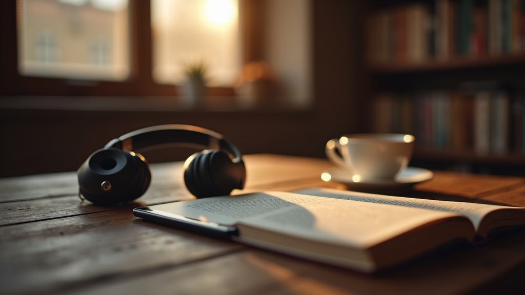 E-reader y auriculares sobre una mesa de madera junto a un libro abierto y una taza de café, con estanterías de libros al fondo