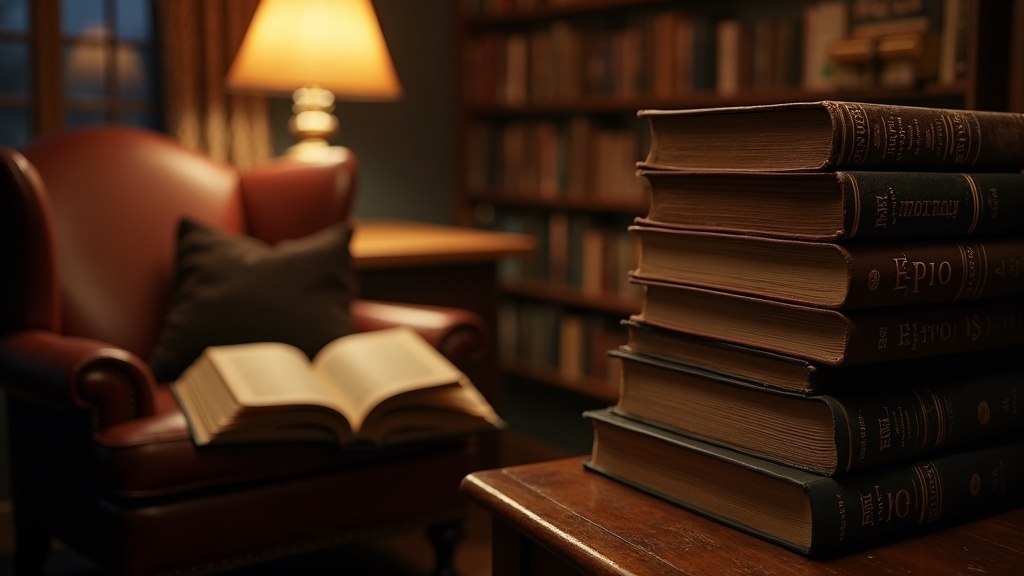 Pila de tochos de fantasía épica junto a un sillón de lectura con luz cálida