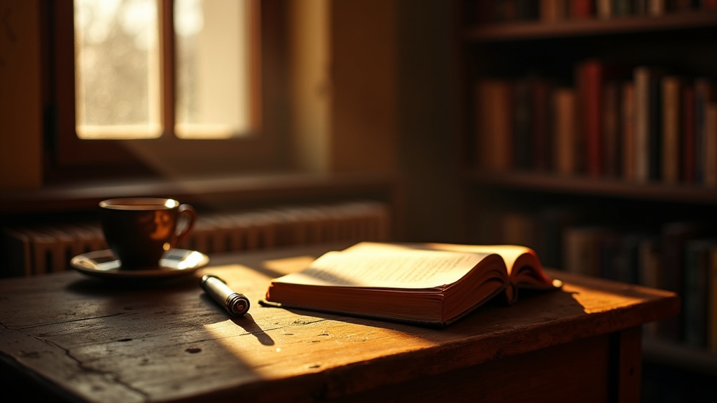 Escritorio de madera junto a una ventana con un libro de cuentos abierto y una taza de mate, luz cálida de atardecer