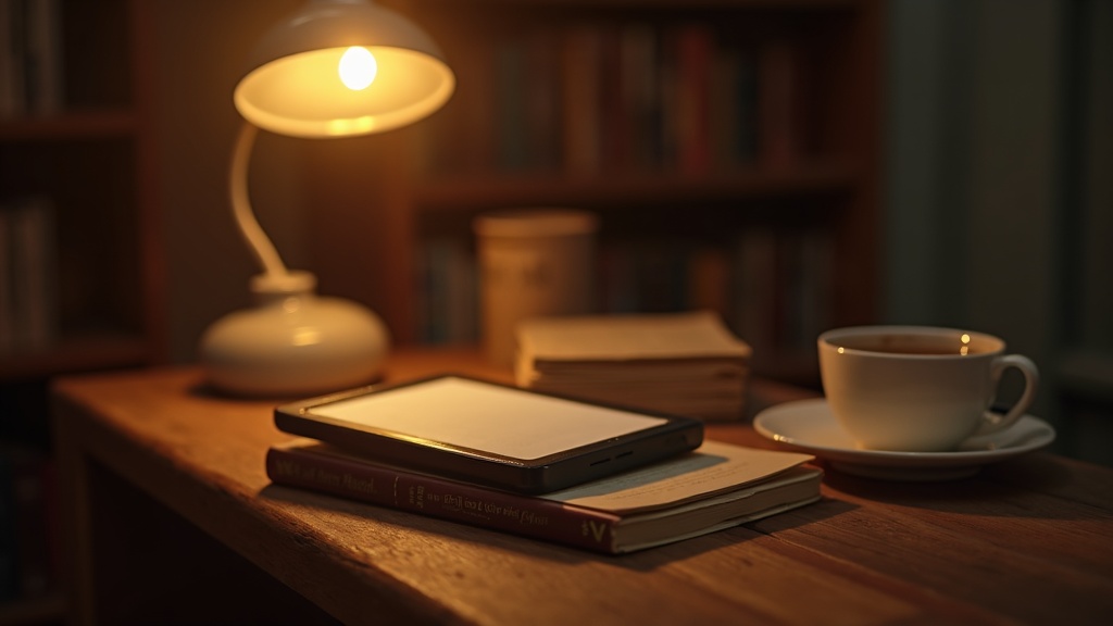 Rincón de lectura con un e-reader sobre una mesa de madera junto a una pila de libros