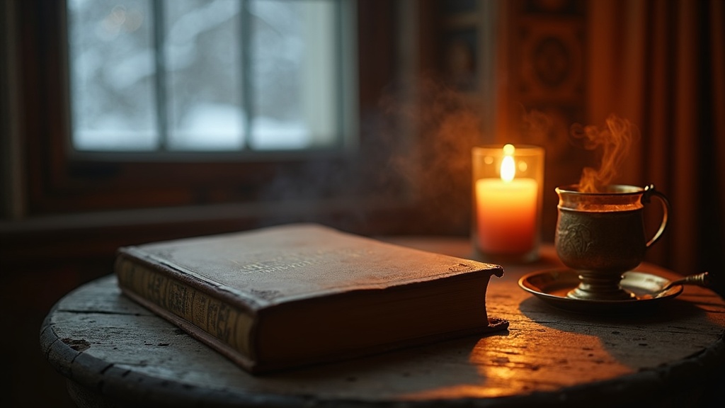 Novela rusa antigua sobre una mesa de madera junto a un vaso de té en portavasos metálico, luz cálida de lámpara