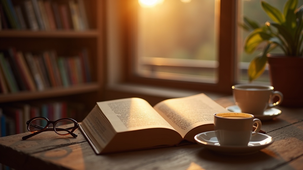 Libro de filosofía abierto sobre una mesa de madera junto a una taza de café y unas gafas, con luz cálida de tarde