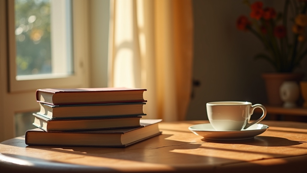 Pila de novelas contemporáneas sobre una mesa de madera junto a una taza de café con luz de tarde
