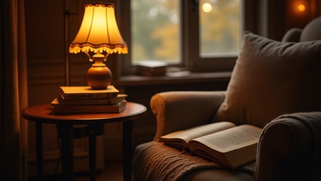Rincón de lectura con una pila de novelas y luz cálida de tarde, ambiente literario acogedor