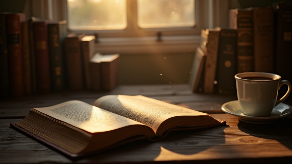 Libro antiguo abierto sobre una mesa de madera junto a una taza de café con luz cálida de mañana