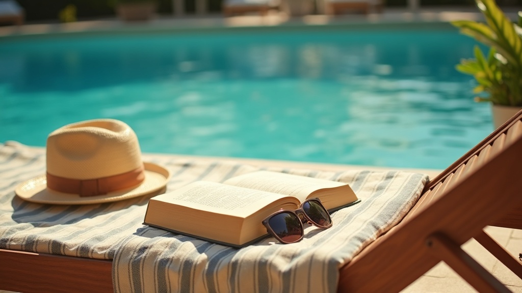 Novela abierta sobre una toalla de rayas junto a la piscina, con sombrero de paja y gafas de sol, luz dorada de tarde de verano