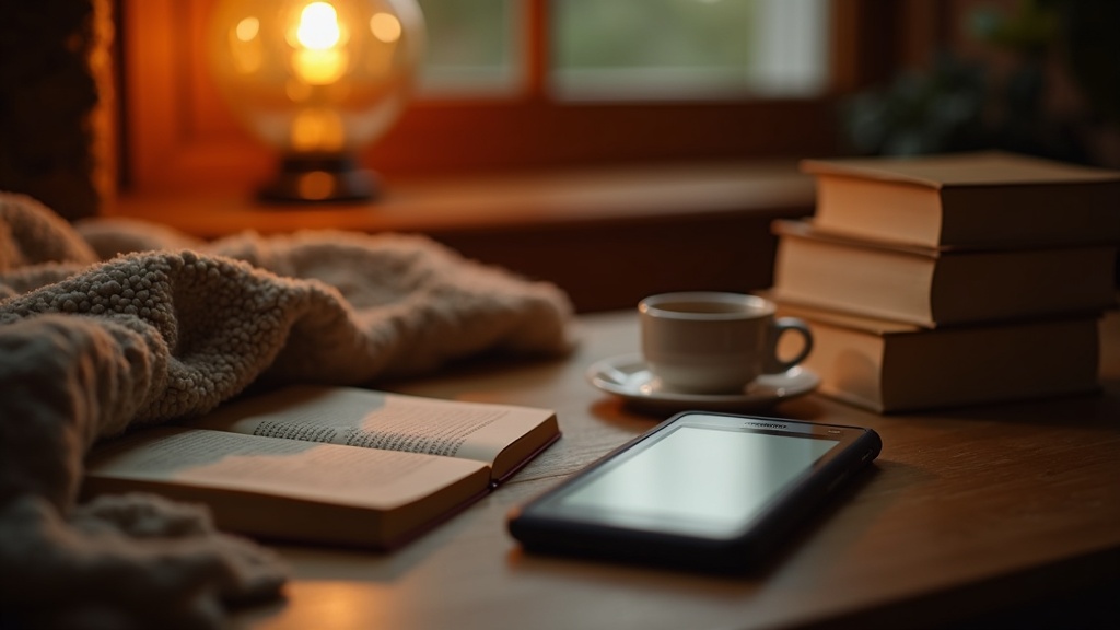 Móvil Android y un lector electrónico sobre una mesa de madera junto a una pila de libros, con luz cálida de lámpara