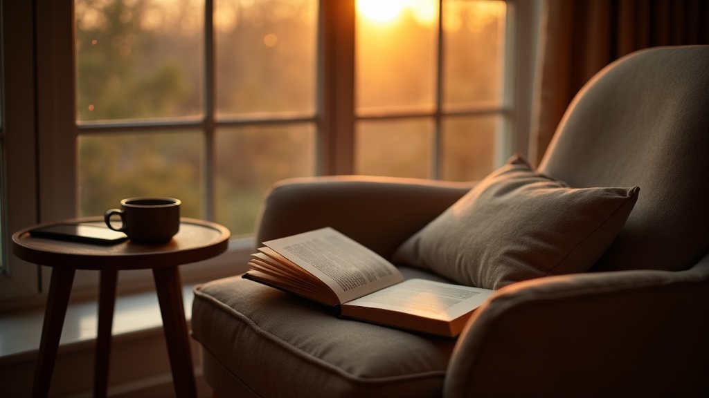 Rincón de lectura junto a una ventana con un libro abierto, un lector electrónico y una taza de té bajo luz cálida