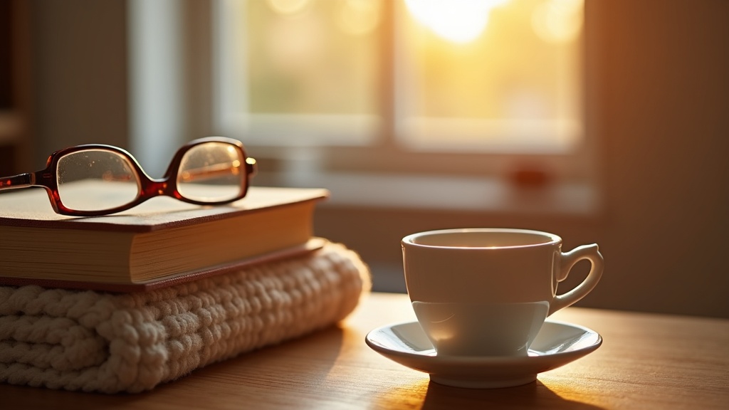 Pila de novelas breves sobre una mesa de madera junto a una taza de café y una manta, con luz de tarde