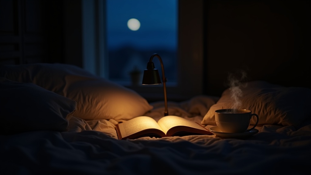 Libro abierto bajo la luz cálida de una lámpara en la mesilla, con una taza de infusión, ambiente nocturno para leer antes de dormir