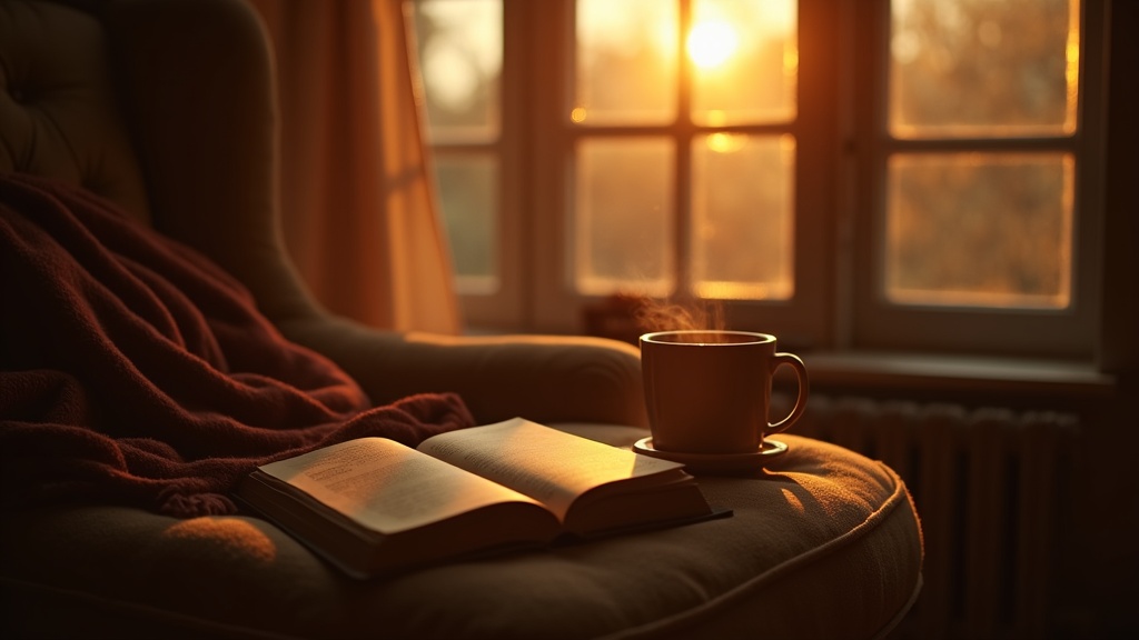 Rincón de lectura junto a una ventana al atardecer, con un libro abierto sobre un sillón y una taza de café