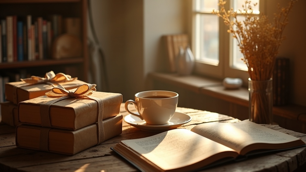 Mesa de madera con varios libros envueltos como regalo, atados con cinta de lino, junto a una taza de café y flores secas bajo luz cálida