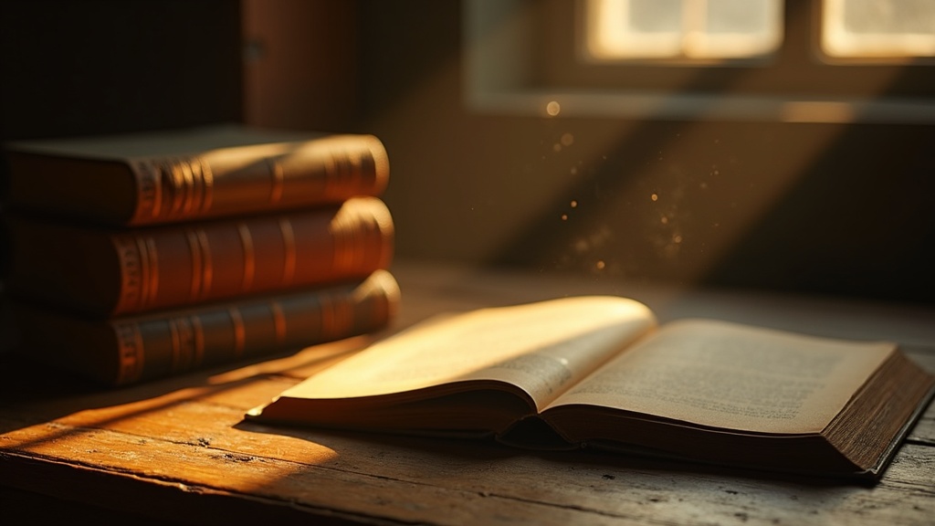 Pila de libros antiguos de tapa dura sobre una mesa de biblioteca iluminada por luz cálida