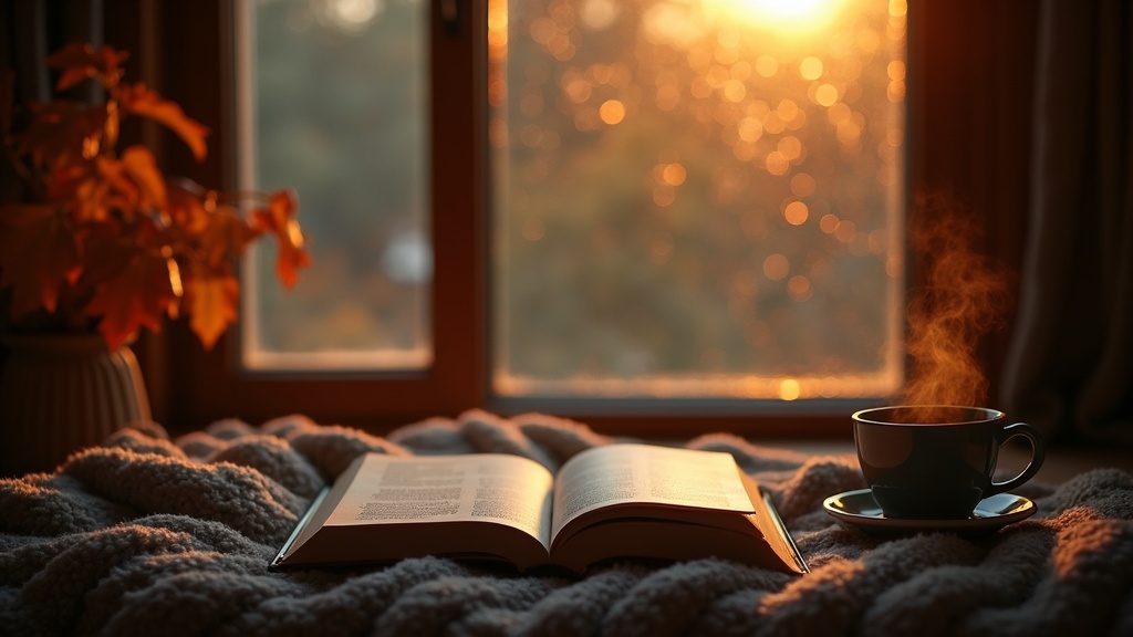Rincón de lectura con un libro abierto, una manta y una taza de té junto a una ventana con lluvia, luz cálida