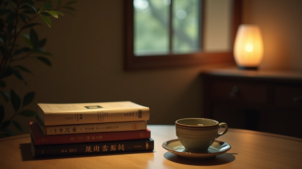 Novelas japonesas apiladas sobre una mesa de madera junto a una taza de té verde con luz cálida de ventana