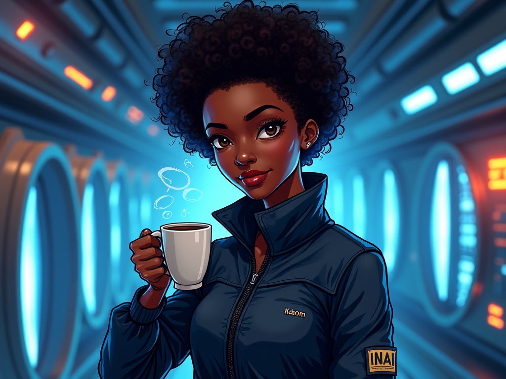 Fan art de Mariame Ndoye, ingeniera senegalesa de soporte vital, con un café en la mano en el pasillo de una nave