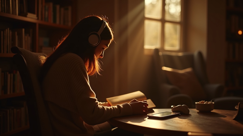 Rincón de lectura cálido con auriculares, un libro abierto y un teléfono sobre una mesa de madera junto a estanterías