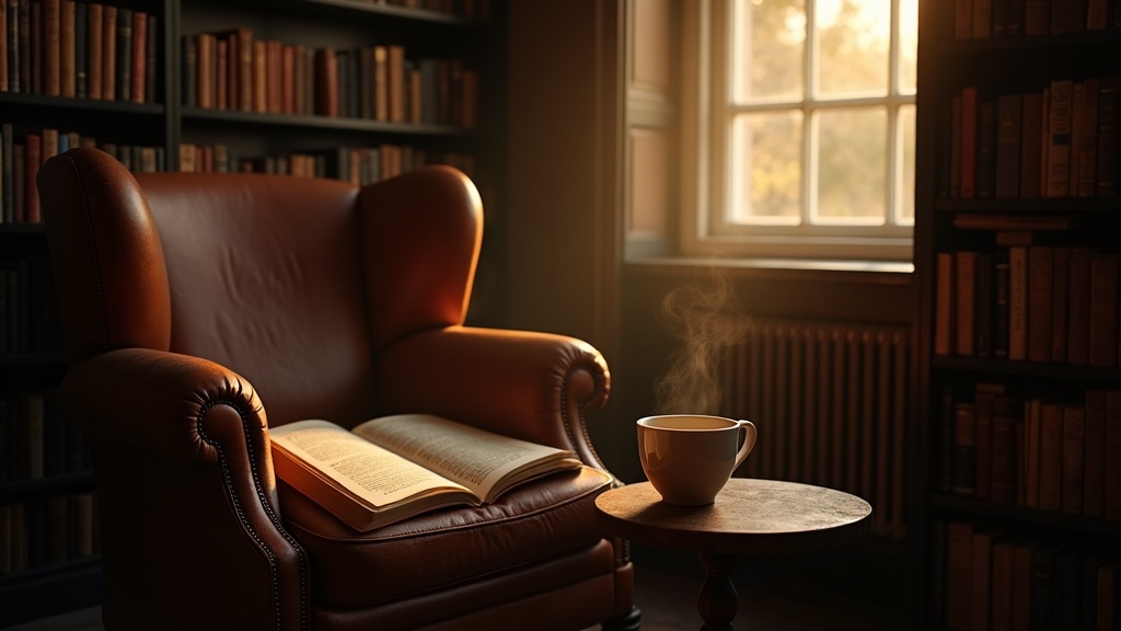 Rincón de lectura con un sillón de cuero y una estantería repleta de biografías y memorias a la luz dorada de la tarde