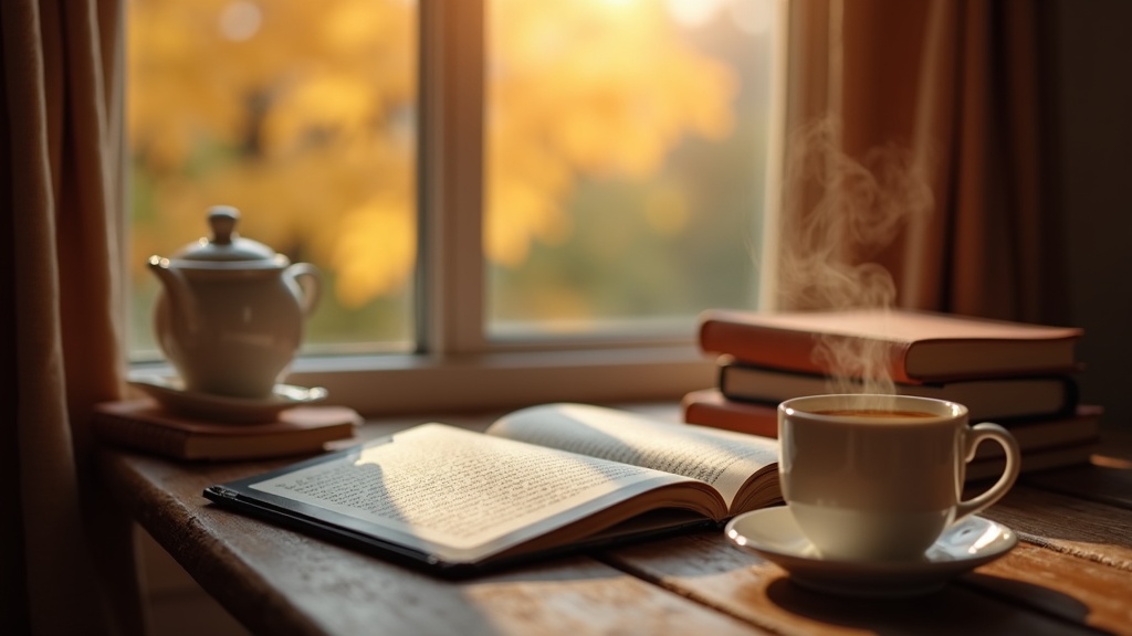 Rincón de lectura con un e-reader sobre una mesa de madera junto a libros y una taza de té a la luz de la tarde