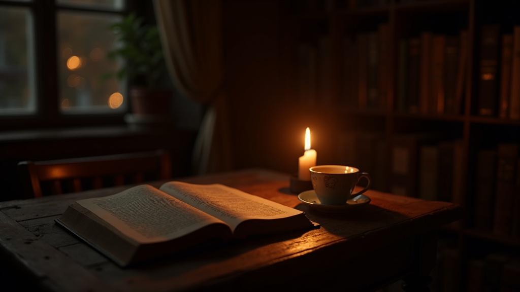 Libro de terror abierto sobre una mesa de madera junto a una vela encendida en una habitación en penumbra