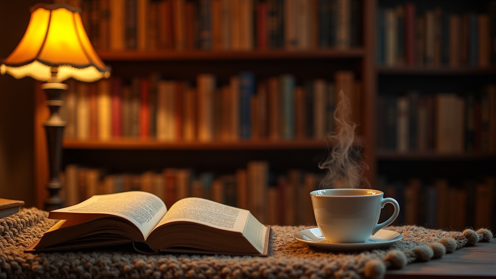 Estantería de bolsillo repleta de novelas de fantasía junto a una lámpara cálida y una taza de té