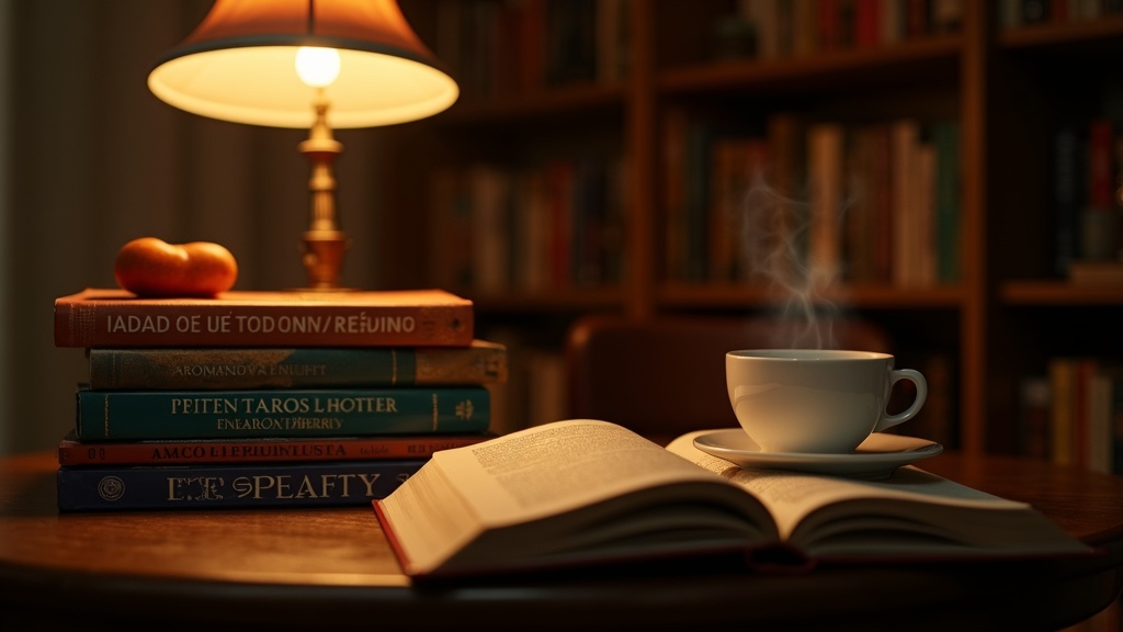 Pila de novelas latinoamericanas contemporáneas sobre una mesa de madera junto a una taza de café y luz cálida de lámpara