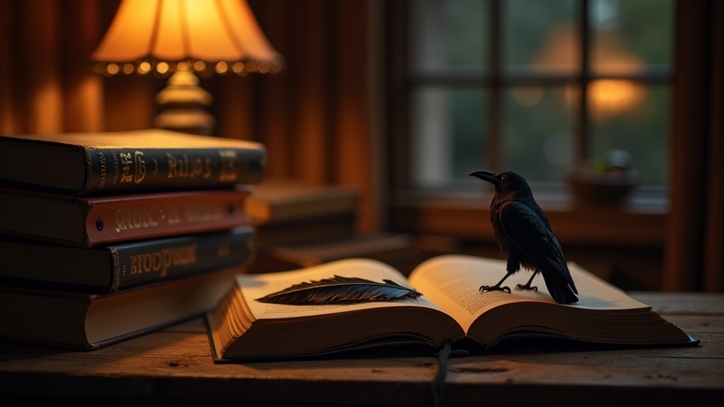 Pila de libros de fantasía y mitología junto a una lámpara cálida y una pluma de cuervo