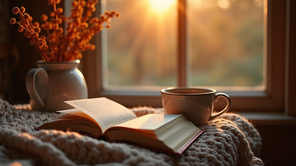 Rincón de lectura con una novela abierta sobre una manta y una taza de té a la luz cálida de la tarde