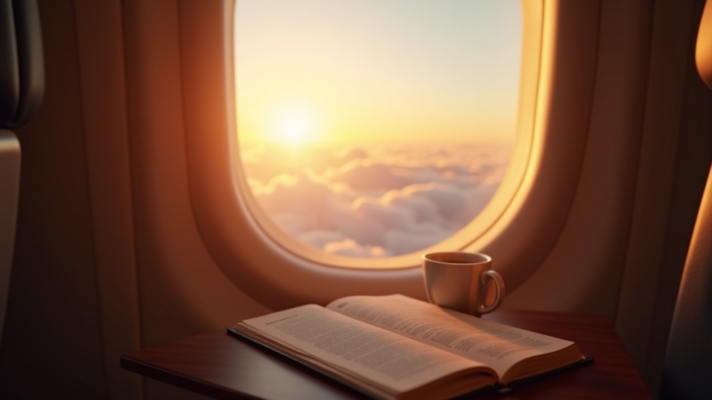 Asiento de ventanilla con una novela de bolsillo abierta sobre la bandeja y un café, luz cálida sobre un mar de nubes