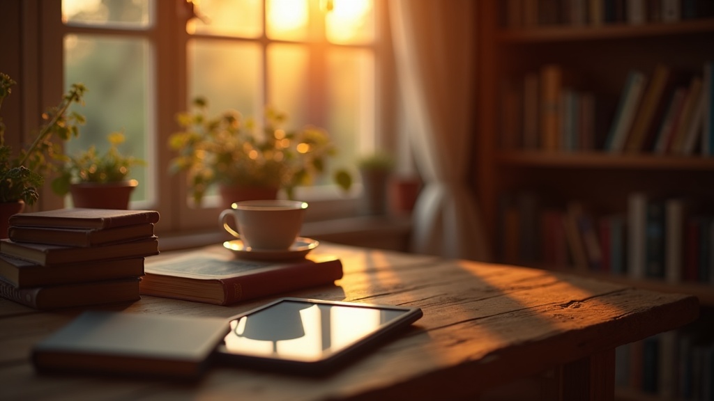 Rincón de lectura con un e-reader sobre una mesa de madera junto a una pila de libros y una taza de té
