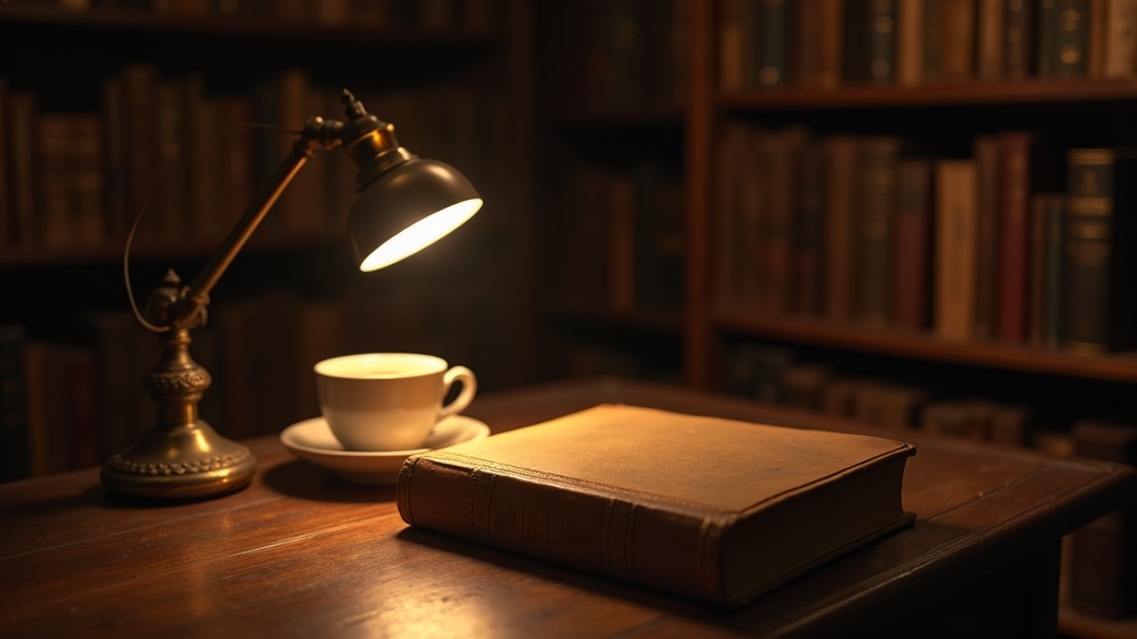 Libro antiguo de tapa dura sobre un escritorio de madera junto a una taza de té y una lámpara de lectura, ambiente cálido de estudio al anochecer