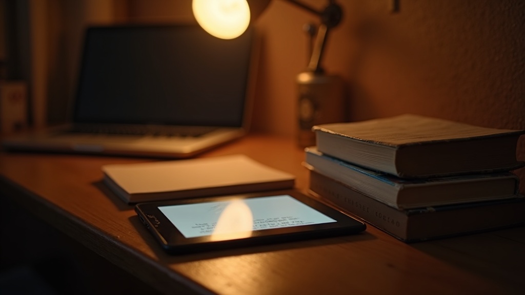Un Kindle apoyado sobre una mesa de madera junto a unos libros de bolsillo y un portátil encendido con luz cálida de lámpara