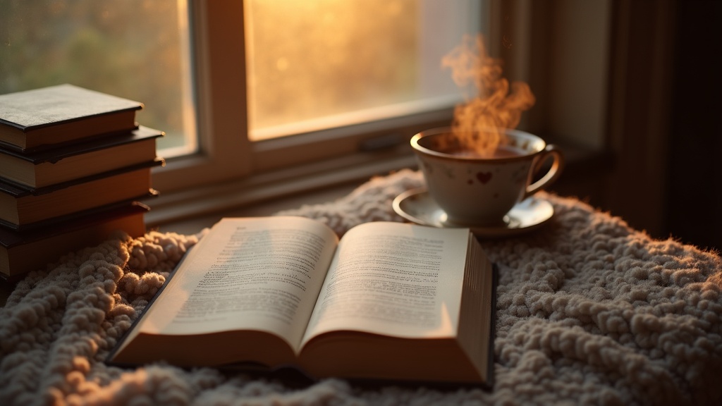 Rincón de lectura junto a una ventana con un libro de poesía abierto y una taza de té