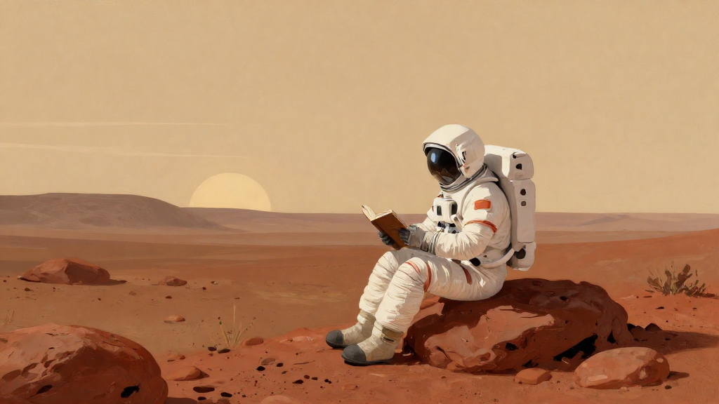 Astronauta leyendo un libro sentado en un planeta rojo