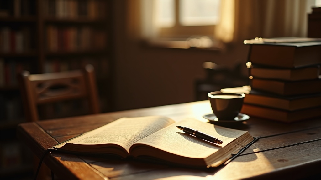Escritorio de madera con un libro abierto, un cuaderno de notas y una taza de café bajo luz cálida de biblioteca