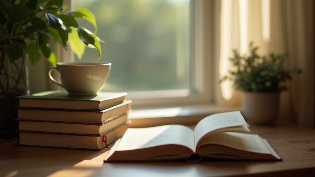 Mesa de madera con novelas contemporáneas apiladas, una taza de café y un libro abierto boca abajo bajo luz de mañana