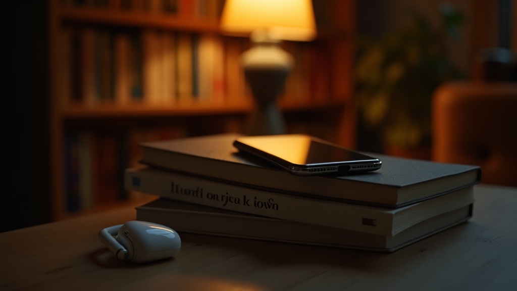 Móvil con auriculares sobre una pila de libros junto a una lámpara cálida, ambiente de lectura al atardecer