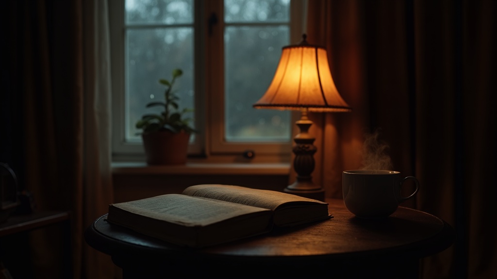 Novela de terror en tapa dura sobre una mesa de madera junto a una lámpara cálida y una taza de café, con luz de atardecer