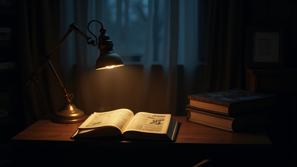 Rincón de lectura nocturno con una novela gráfica abierta sobre un escritorio de madera junto a una lámpara de latón