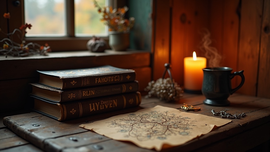 Mesa de madera con novelas de fantasía apiladas, un mapa dibujado a mano y un amuleto plateado bajo luz cálida