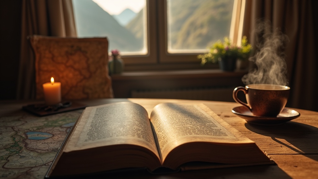 Un libro de fantasía abierto sobre una mesa de madera junto a una taza de té y un mapa antiguo, con montañas al fondo