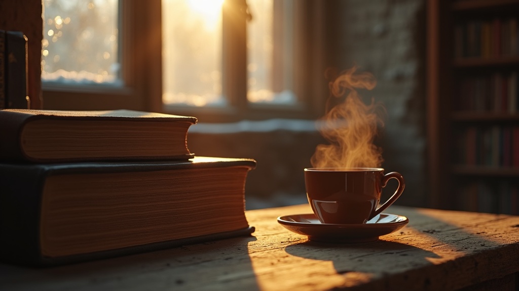 Dos novelas clásicas apiladas sobre un escritorio de madera junto a una taza de té, con luz cálida de invierno y estanterías al fondo