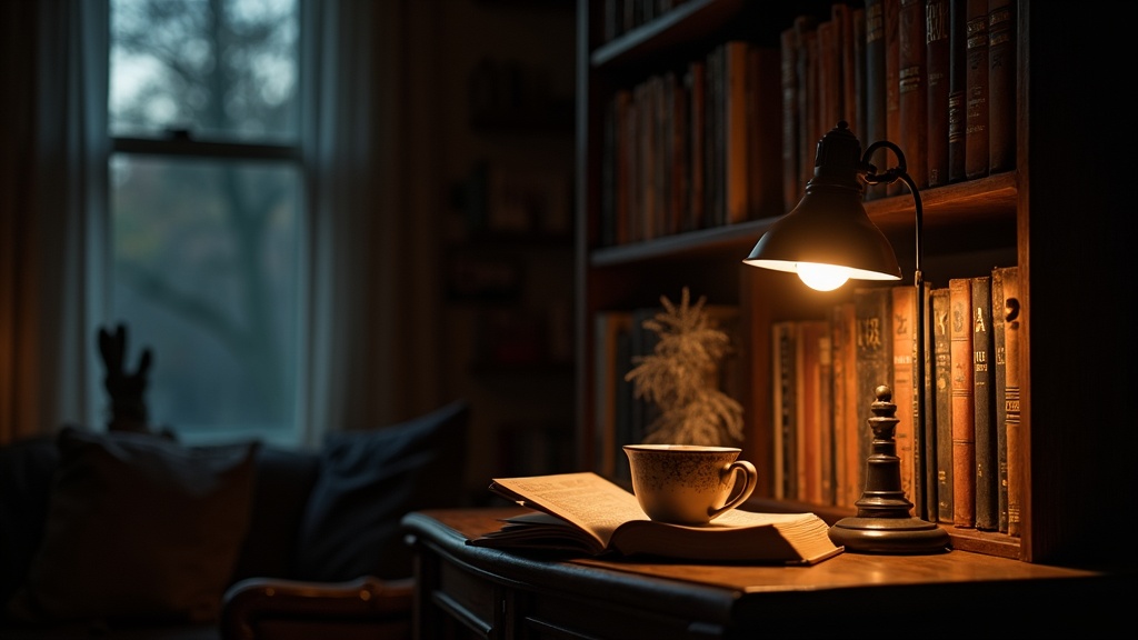 Biblioteca cálida al atardecer con estanterías repletas de novelas de terror y una lámpara de lectura encendida